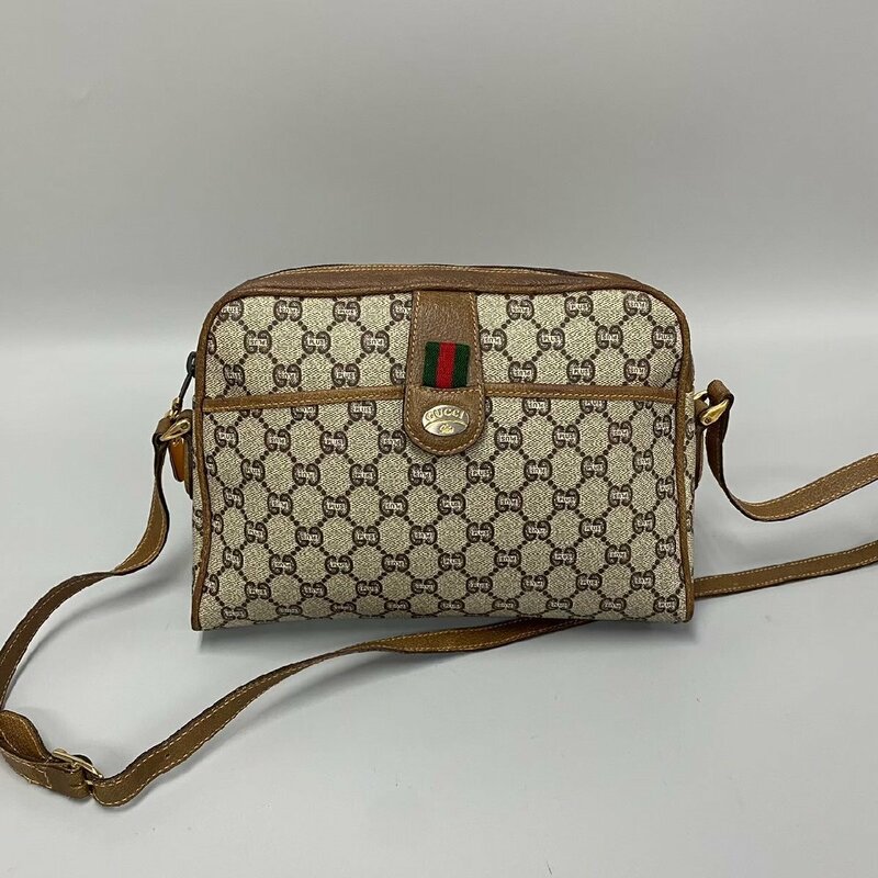 美品 GUCCI グッチ グッチプラス シェリーライン ロゴ 金具 柄 レザー 本革 ミニ ショルダーバッグ ポシェット ブラウン 茶 68014