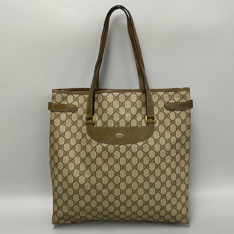 美品 レア品 GUCCI グッチ オールドグッチ ヴィンテージ GG ロゴ 金具 総柄 レザー 本革 トートバッグ ハンドバッグ ブラウン 茶 34464