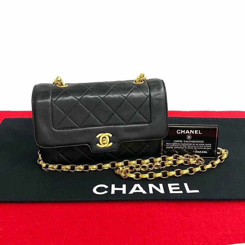 極 美品 カードあり 1番台 保存袋 付き CHANEL シャネル ダイアナフラップ ラムスキン ブラック シングルチェーン ショルダーバッグ