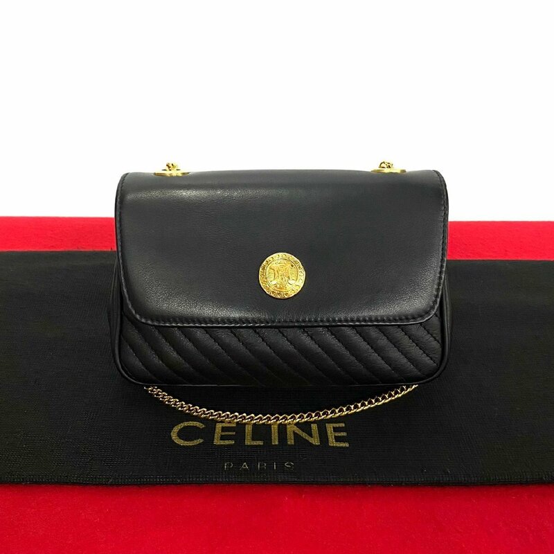 ほぼ未使用 レア CELINE セリーヌ ヴィンテージ トリオンフ ロゴ 金具 レザー チェーン ショルダーバッグ ポシェット ブラック 37005