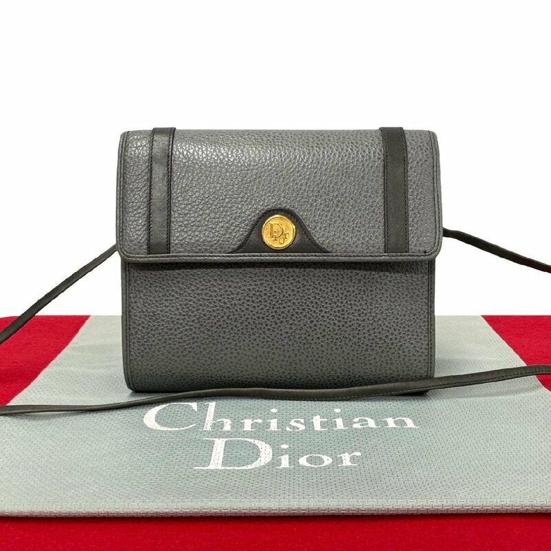 極 美品 希少品 Christian Dior ディオール ロゴ 金具 レザー 本革 ミニ ショルダーバッグ ポシェット サコッシュ グレー 32915