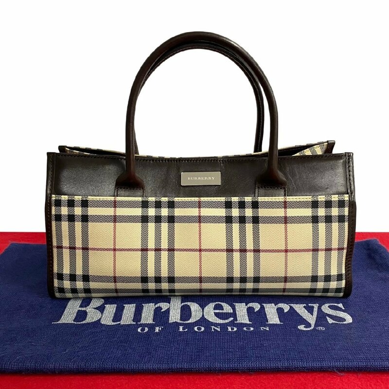 極 美品 希少品 BURBERRY バーバリー ノバチェック ロゴ 金具 キャンバス レザー 本革 ハンドバッグ ミニ トートバッグ ブラウン 76702