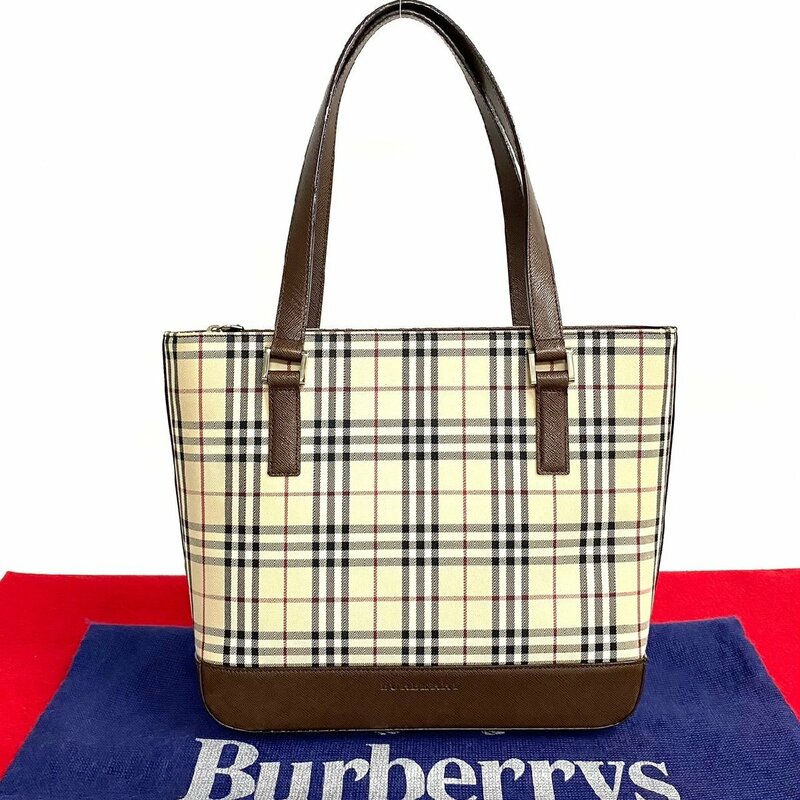 極 美品 希少品 BURBERRY バーバリー ノバチェック レザー 本革 キャンバス トートバッグ ハンドバッグ ブラウン 茶 ベージュ 28803