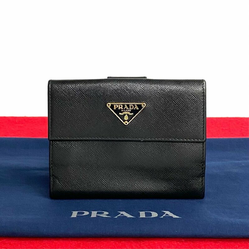 極 美品 希少品 PRADA プラダ 三角ロゴ 金具 サフィアーノ レザー 本革 二つ折り 財布 カードケース 小銭入れ ウォレット ブラック 66521