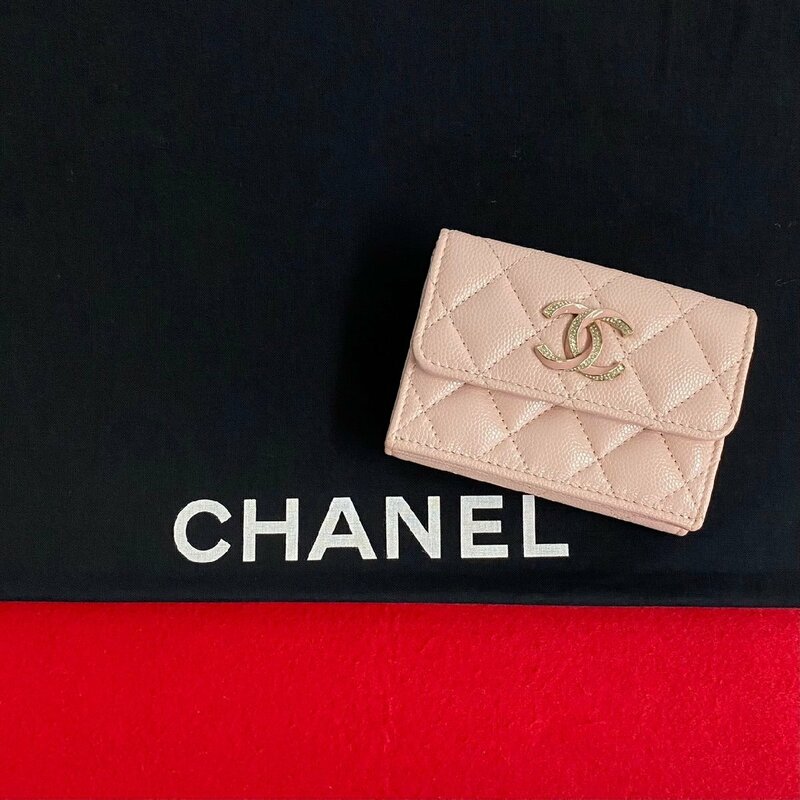 未使用保管品 シール有 CHANEL シャネル スモール フラップウォレット マトラッセ マットキャビアスキン 三つ折り ミニ 財布 ピンク 95651