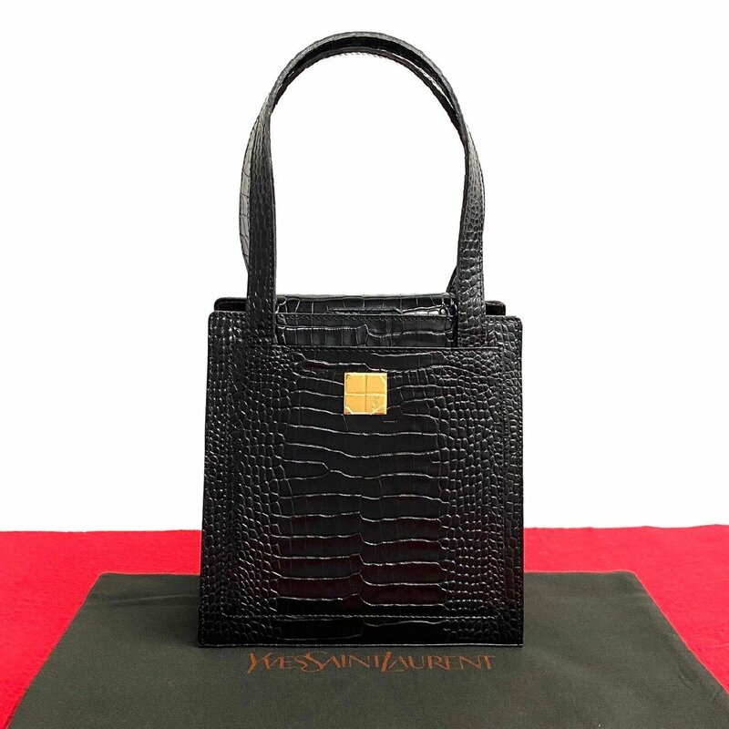 未使用保管品 YVES SAINT LAURENT イヴ・サンローラン ロゴ 金具 レザー クロコ エンボス ハンドバッグ ミニ トートバッグ ブラック 16189