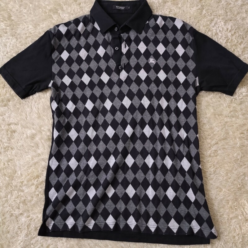 希少L！バーバリーブラックレーベル BURBERRY BLACK LABEL ポロシャツ 半袖 ブラック×ホワイト×チャコール アーガイル 胸ロゴ ホースロゴ