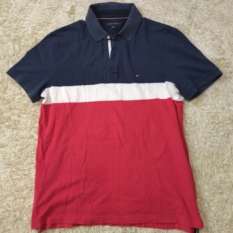 希少L！トミーヒルフィガー【お洒落の極み】TOMMY HILFIGER ポロシャツ 半袖 ネイビー ホワイト レッド 胸ロゴ 着心地◎ 夏◎ コットン 