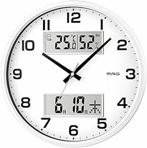 MAG(マグ) 掛け時計 壁掛け時計 温度計 湿度計 カレンダー アナログ 直径32㎝ 静音 連続秒針 ホワイト ダブルポスト W