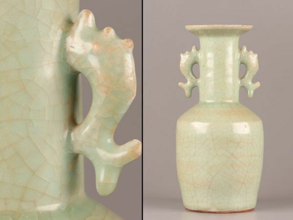 中国古玩 唐物 宋代 龍泉窯 青磁 双耳 花瓶 時代物 極上品 初だし品 C6505