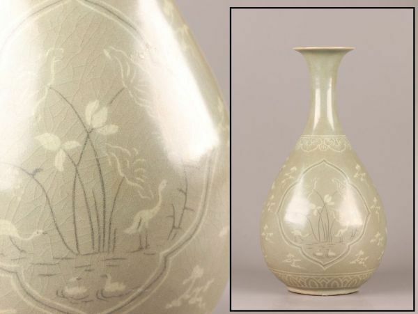 古美術 朝鮮古陶磁器 高麗青磁 白黒象嵌 花瓶 時代物 極上品 初だし品 C6602