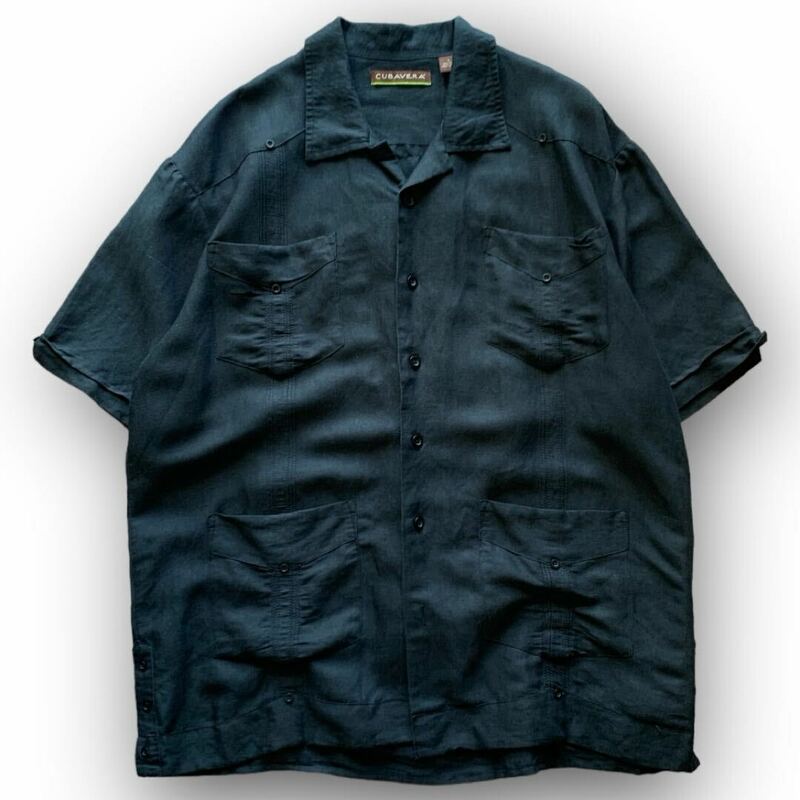 240401BRB75● CUBAVERA SHIRT (L) Linen Shirt キューバシャツ リネンシャツ ビンテージ 半袖シャツ 開襟シャツ ブラック 