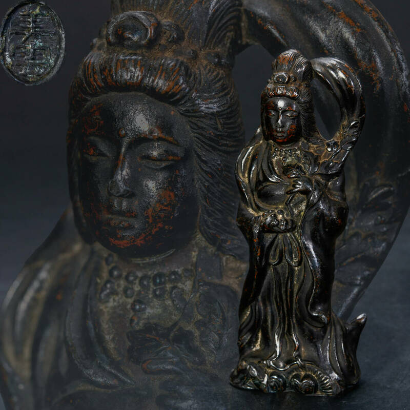 KGXG6908 美雲作 古銅製観音立像 仏像 置物 治統三年 在銘 時代物 唐物 高13.2cm 重340g
