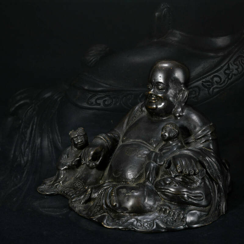br10780 中国美術 古銅製 布袋様唐子像 台付 銅製置物 仏像 唐物 本体17.3x14.6cm 高11.5cm