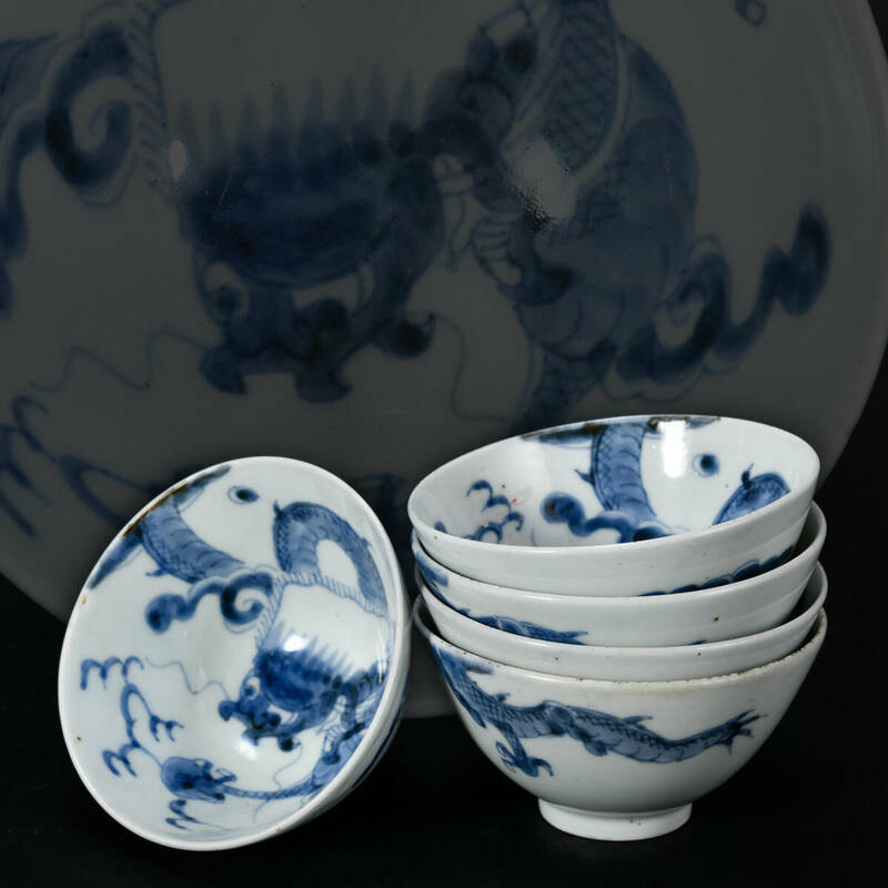 br10781 中国美術 清時代 染付 青華 龍紋茶碗 煎茶道具 煎茶碗5客 唐物 幅9.8~10.1cm 高5~5.5cm