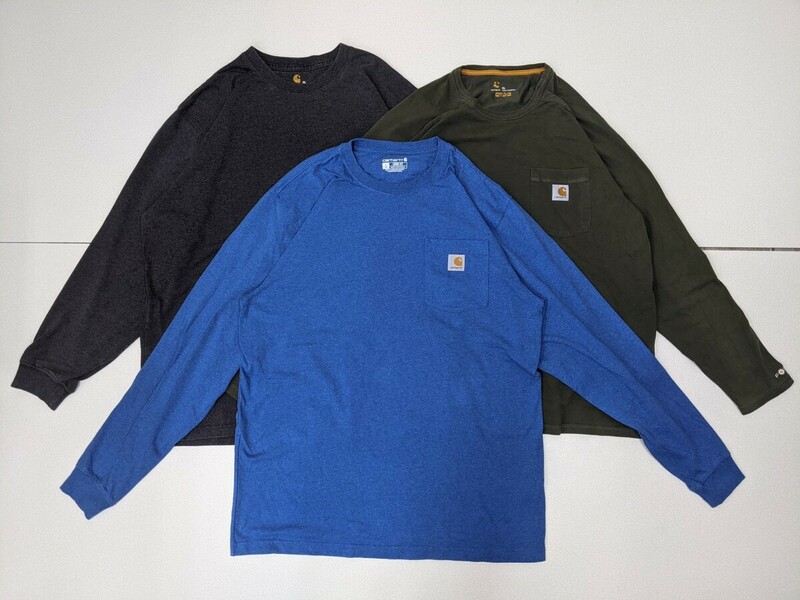 15．Carhartt 3点 セット カーハート ロゴ 無地 杢カラー含む 長袖 Tシャツ ポケット付き含む ポケT ロンT ワーク メンズXLx2,Lx1y701