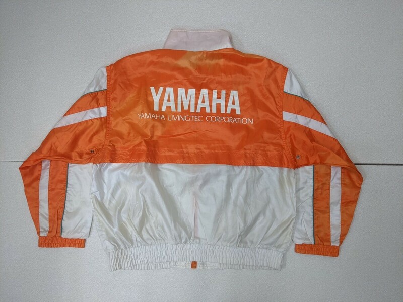 9．YAMAHA ヴィンテージ ヤマハ デカロゴ 短丈 ショート丈 ハイネック ナイロン ジャケット ブルゾン バイク メンズML相当 白橙緑x701