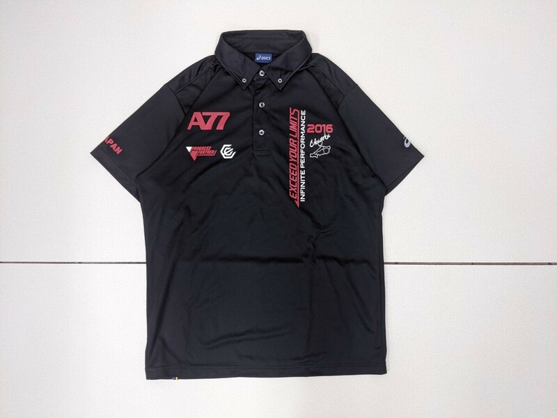 4．状態良好 アシックス A77 ALL JAPAN インターハイ 2016 デカロゴ プリント 速乾素材 半袖 ポロシャツ Asics メンズO 黒白赤x707