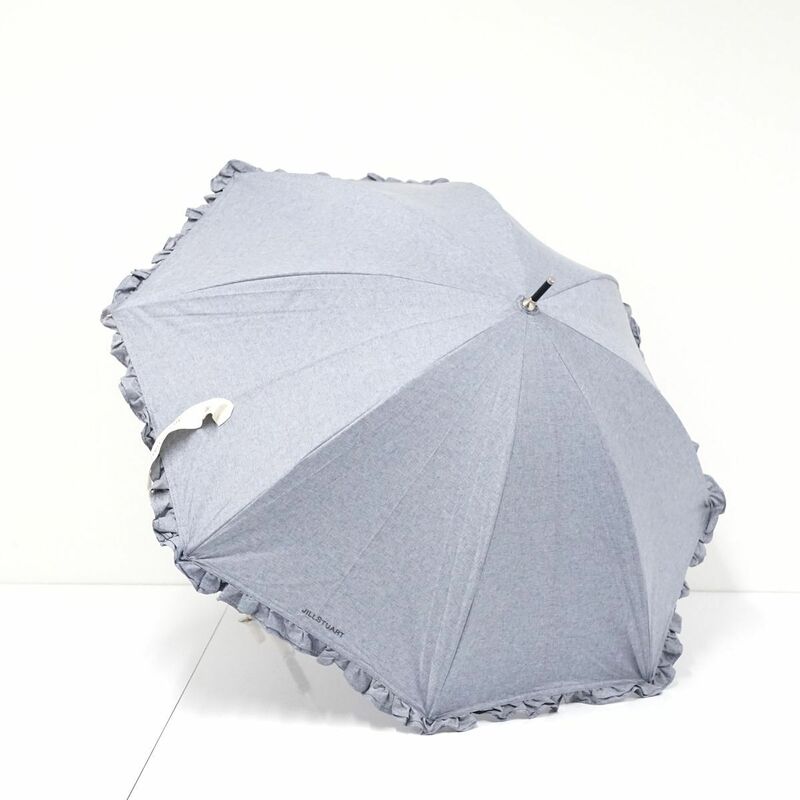 晴雨兼用日傘 JILL STUART ジルスチュアート USED美品 2段フリル ロゴ刺繍 シャンブレー UV グラス骨 軽量 47cm S1021