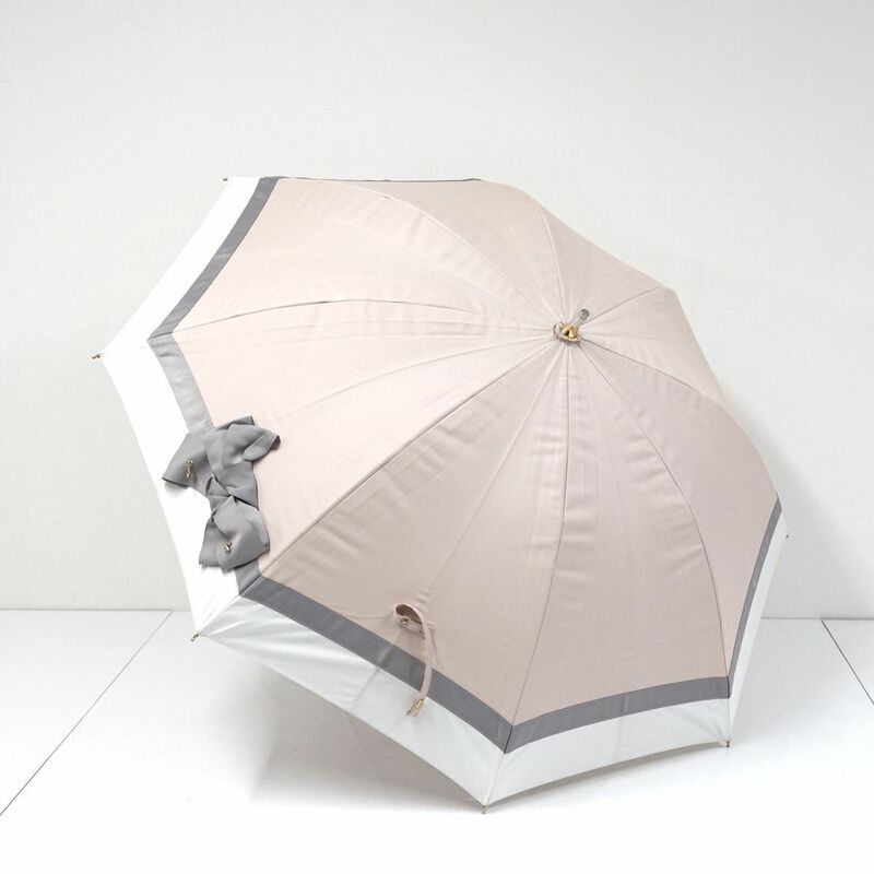 晴雨兼用日傘 LANVIN en Bleu ランバンオンブルー USED品 ビジューリボン 遮光 UV くすみピンクｘグレー グラス骨 50cm A1050