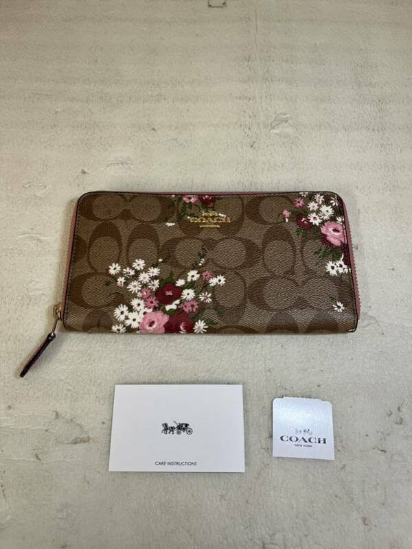 【中古品】COACH コーチ F22931 シグネチャー フローラル ラウンドファスナー 長財布 小銭入れ お札入れ 