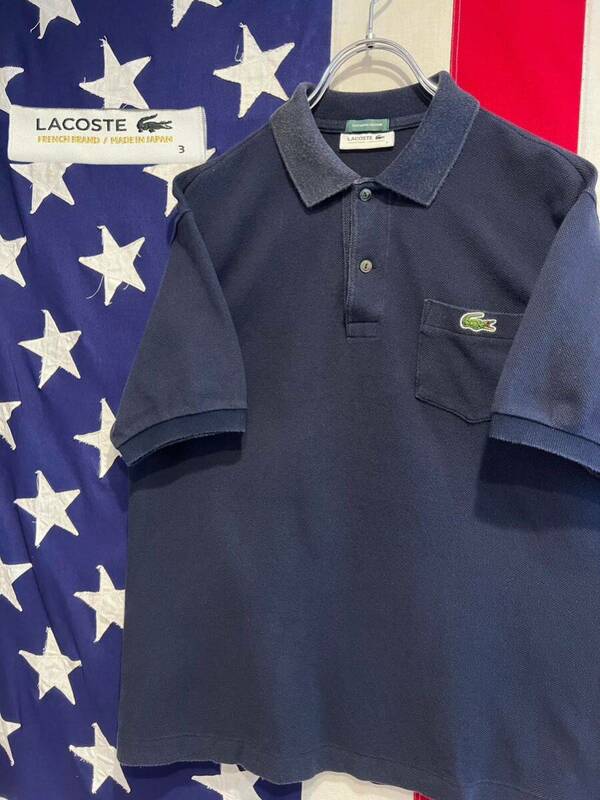 ★日本製★LACOSTE★ラコステ★文字ワニ★半袖ポロシャツ★鹿の子★胸ポケット★綿100%★ネイビー★紺★3★Mサイズ相当★PH405P★