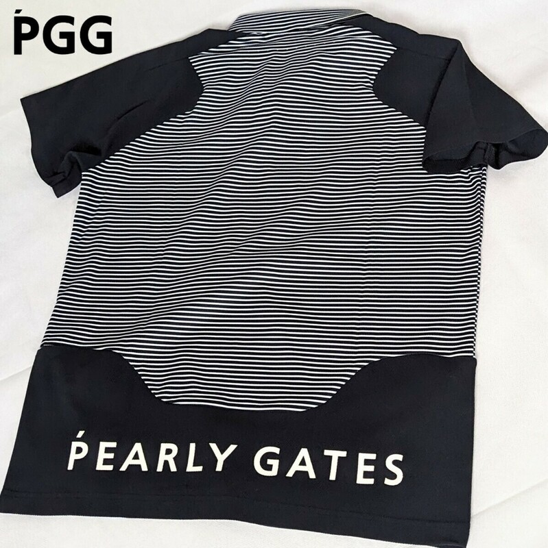 ★新品正規品 PEARLYGATES/PGG MSY メッシュフェイス配色 ラグラン半袖 ポロシャツ ＜ボーダー/カタカナ柄＞ size5(L)