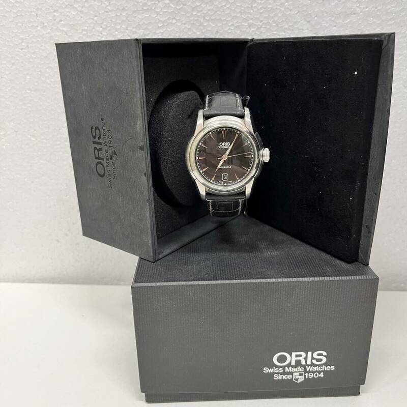 【C-0608.4-1】ORIS オリス 7544 アートリエ 裏スケ 自動巻き レザーベルト デイト メンズ 腕時計 不動 中古 箱 