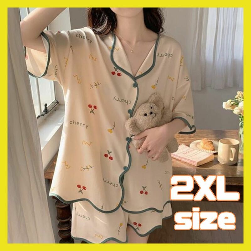 パジャマ 上下セット 2XL レディース ルームウェア 半袖 ハーフパンツ レトロ さくらんぼ かわいい セットアップ 送料込み ガーリー 新品