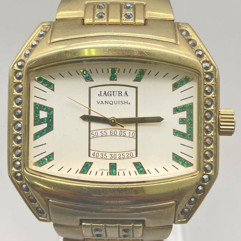 JAGURA VANQUISH ジャグラ 腕時計 時計 ウォッチ クオーツ 手巻き アナログ スクエア 日本製 文字盤 ゴールド 3針 ラインストーン メンズ