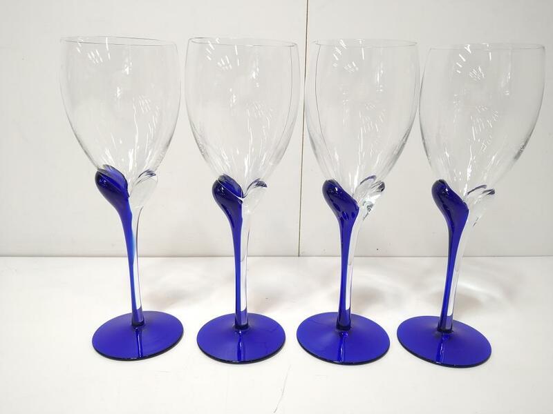 B80　①ワイングラス　　４客セット　クリスタル　コバルトブルー　ボヘミア　ベネチア　青　ガラス工芸