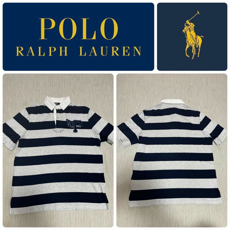 POLO ralph lauren p wing 半袖 ボーダー ポロ ラガー シャツ トップス ロゴ 1992 RRL SPORT L 