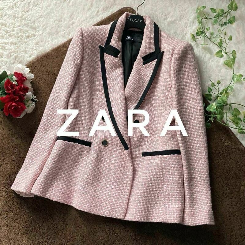 ZARA　ツイードジャケット　テーラードジャケット　ダブルブレスト　ピンク　ブラック　バイカラー　美品　Lサイズ　ザラ