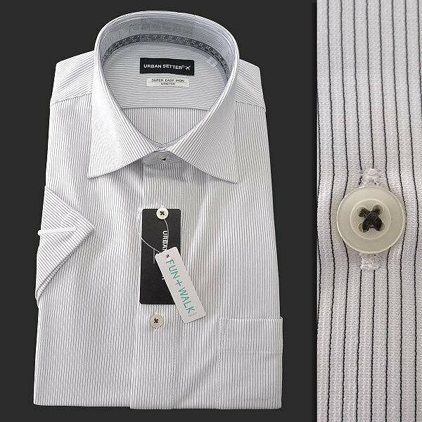 新品 アーバンセッター 形態安定 ストライプ ワイドカラー 半袖 ドレスシャツ 39(M) 白黒 【I50172】 URBAN SETTER UVカット 吸汗速乾