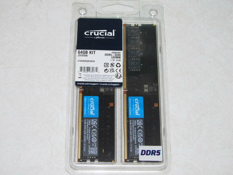 【送料無料・美品】crucial DDR5メモリ DDR5-5200 64GB Kit (32GB×2枚セット) CL42-42-42 1.1V CT2K32G52C42U5 PC5-41600 クルーシャル