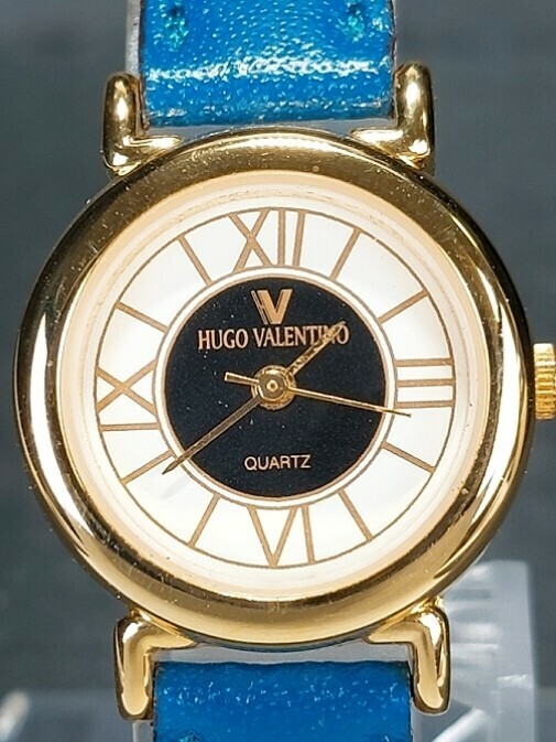 箱付き HUGO VALENTINO フゴバレンティノ アナログ クォーツ 腕時計 スモールサイズ ゴールド ブルー レザーベルト ステンレス 電池交換済