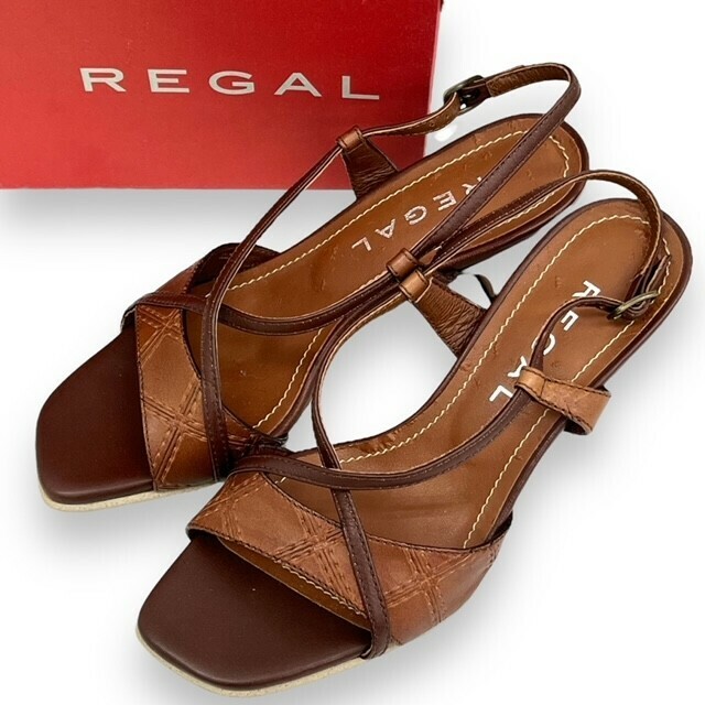 REGAL リーガル 靴 サンダル 22㎝ ストラップ サンダル ブラウン 箱付き シューズ ファッション ミュール オープントゥ ヒール レザー