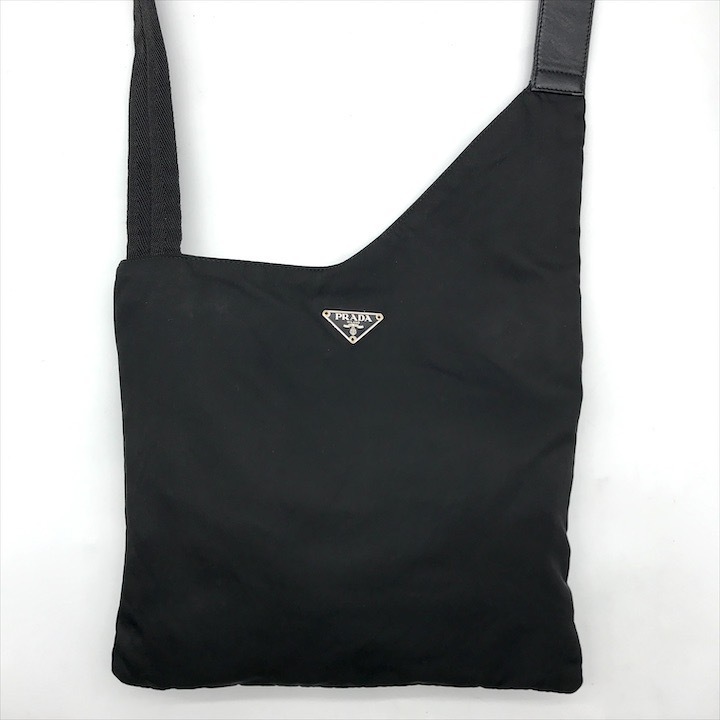 良品 PRADA プラダ 三角ロゴ ナイロン テスート レザー ショルダー バッグ ブラック a3687