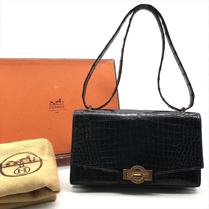 良品 HERMES エルメス リングドゥ ポロサス ブラック ショルダー バッグ クロコダイル マルG刻印 ブラック レディース k2688