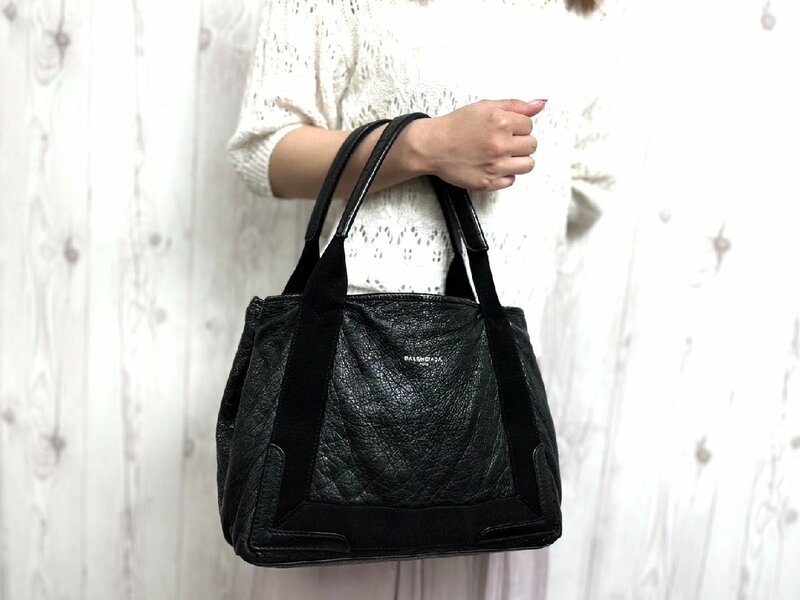 美品 BALENCIAGA バレンシアガ ネイビーカバス S トートバッグ ハンドバッグ バッグ レザー×ナイロンキャンバス 黒 72482