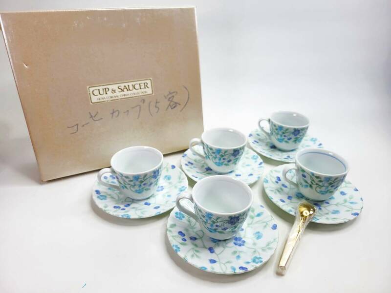 【送料無料・長期保管未使用品】BOURGES HOYA CHINA　コップ＆ソーサー＆スプーン　５客セット　ティーカップ　コーヒーカップ