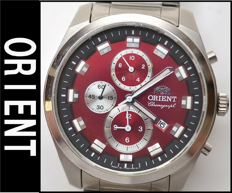 良品 ORIENT 腕時計 TTOU-C0-B クォーツ クロノグラフ 腕回り約21.5cm 文字盤赤 オリエント