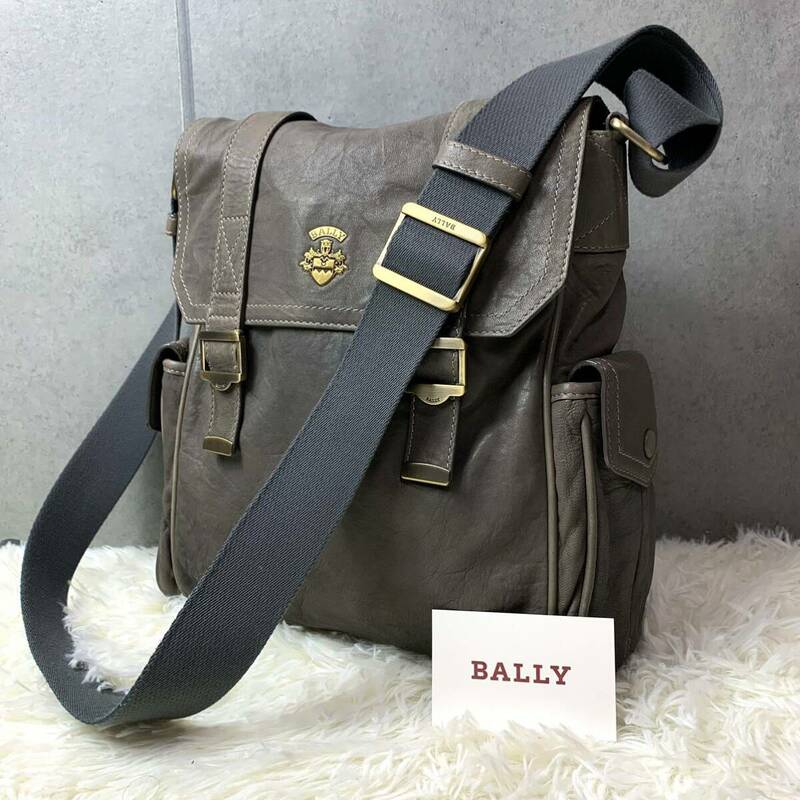 極希少/裏地総柄 ●BALLY バリー メンズ ショルダーバッグ サコッシュ メッセンジャー グレー系 灰色 レザー 本革 斜めがけ ストライプ