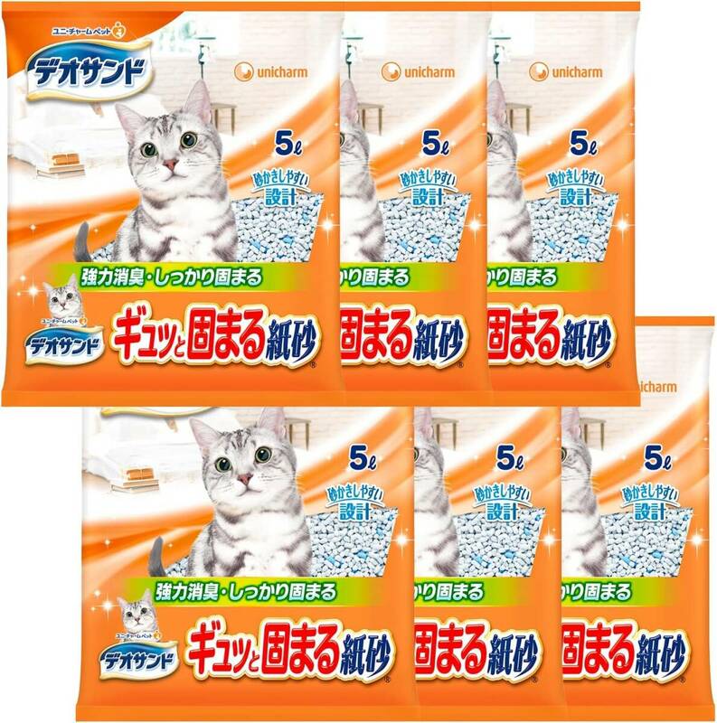 【まとめ買い】デオサンド 猫用 サンド ギュッと固まる 紙砂 30L(5L×6) おしっこ ペット用品 ユニチャーム