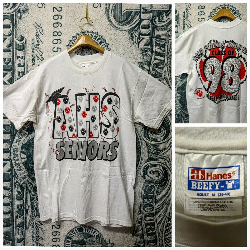 90s ビンテージ Hanes USA製 両面プリント ロゴ Tシャツ 1990年代 98年製■サイズ表記M ヘインズ アメリカ製 白 アメカジ 古着 