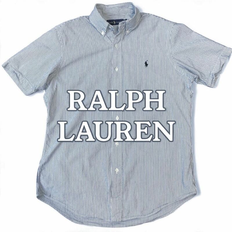 美品 RALPH LAUREN ラルフローレン 半袖 シャツ ストライプ柄 POLO 刺繍 コットン ブルー系 ヒッコリー 春夏 170/92A 実寸M