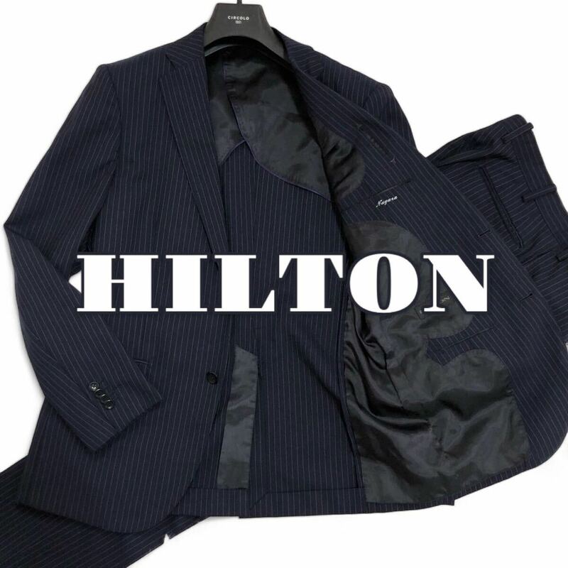 美品 ヒルトン【高機能 撥水仕様】HILTON テーラードジャケット セットアップ ストライプ スーツ 背抜き 春夏 L メンズ ネイビー 紺 A6 