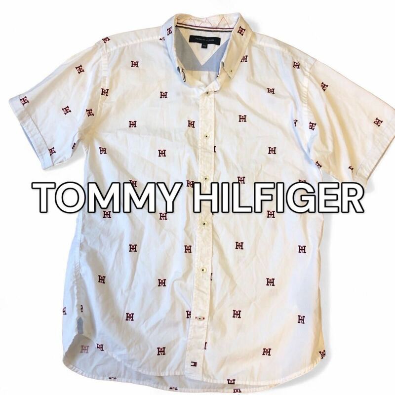 極美品 希少XXLサイズ TOMMY HILFIGER トミー・フィルフィガー シャツ 半袖 総柄 ロゴ ホワイト 白 大きいサイズ 春夏 3XL