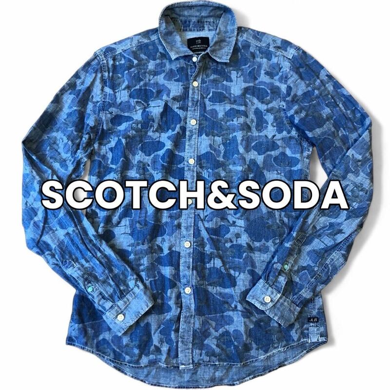 美品 SCOTCH&SODA スコッチアンドソーダ デニムシャツ 長袖 総柄 フラミンゴ 迷彩 コットン インディゴ Mサイズ 薄手 春夏