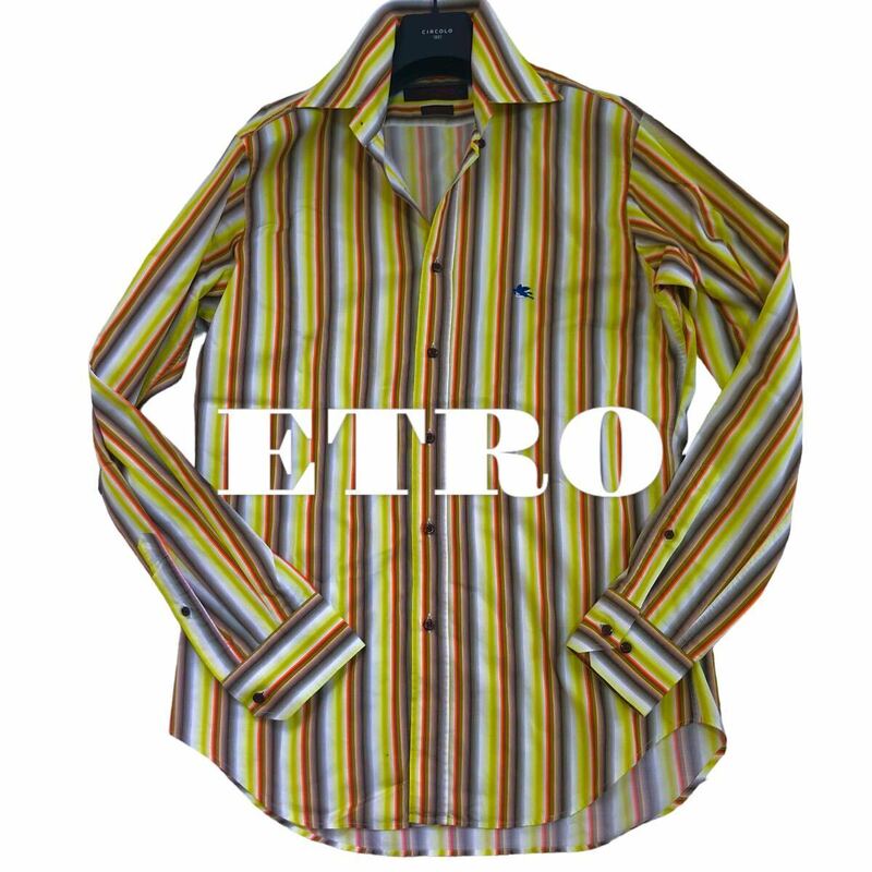 美品 不屈の名作 定価5万 XLぐらい 40『エトロ ETRO』イタリアンコットン 鮮やかな色合い マルチカラー ストライプ 長袖 シャツ